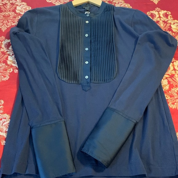 J. Crew Cotton Small Navy Tuxedo Shirt Round Neck Long Sleeves Cuffs. Poly. Trim - Picture 3 of 9